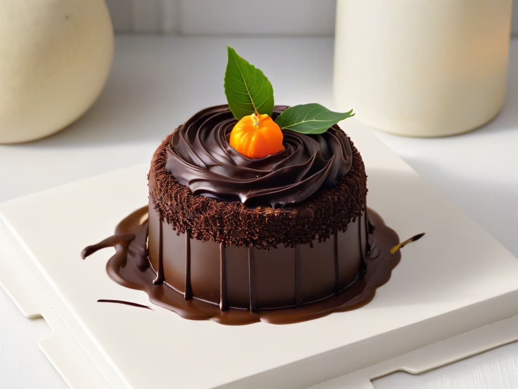  An ultradetailed image of a small, perfectly round chocolate truffle, coated in a rich, glossy layer of dark chocolate with delicate swirls on top. The truffle is elegantly placed on a sleek, white ceramic plate, surrounded by vibrant orange and green pumpkin leaves, creating a striking contrast of colors. The lighting is soft but highlights the intricate details of the truffle, showcasing its smooth surface and inviting texture. hyperrealistic, full body, detailed clothing, highly detailed, cinematic lighting, stunningly beautiful, intricate, sharp focus, f/1. 8, 85mm, (centered image composition), (professionally color graded), ((bright soft diffused light)), volumetric fog, trending on instagram, trending on tumblr, HDR 4K, 8K