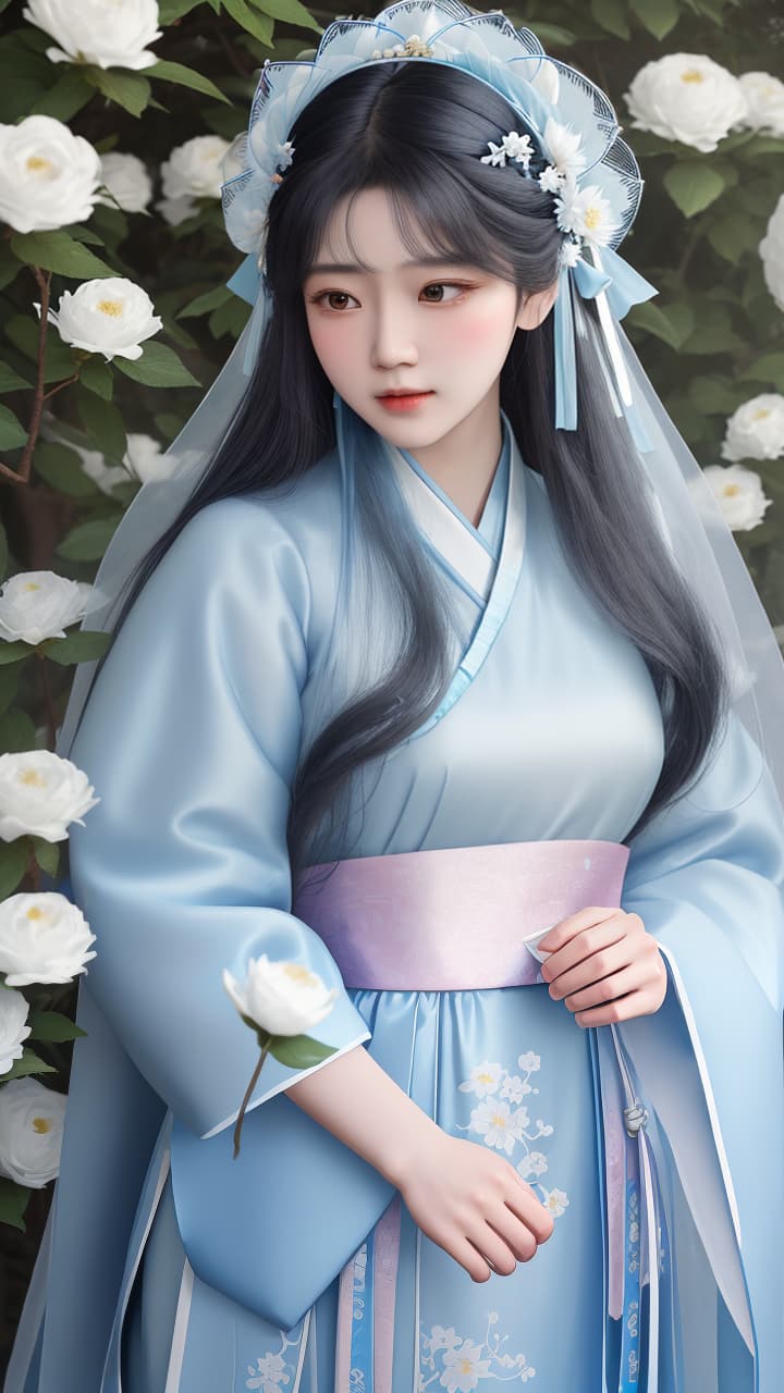  masterpiece, best quality, (Fidelity: 1.4), Best Quality, Masterpiece, Ultra High Resolution, Poster, Fantasy Art, Very Detailed Faces, 8k resolution, Chinese Style, An woman, Side Face, Quiet, Light Blue Hanfu, Tulle Coat, Long Black Hair, Light Blue Fringed Hair Ornament, Hairpin, White Ribbon, White Flower Bush, Light Blue Butterfly Flying, cinematic lighting effects