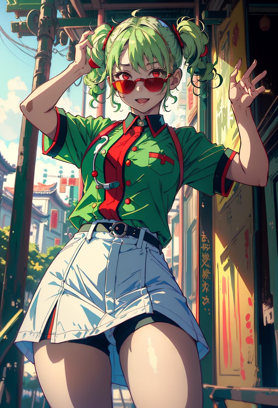  ((trending, highres, masterpiece, cinematic shot)), 1girl, young, female nurse uniform, temple scene, very short curly light green hair, twintails hairstyle,  red eyes, energetic personality, happy expression, sunglasses, fair skin, morbid, limber