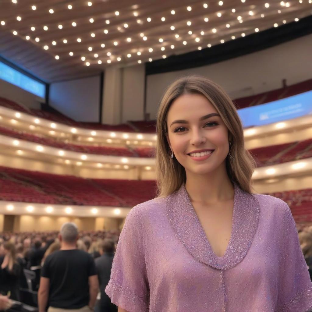  Draw a picture in the style of painting: a happy girl in business clothes against the background of the concert hall