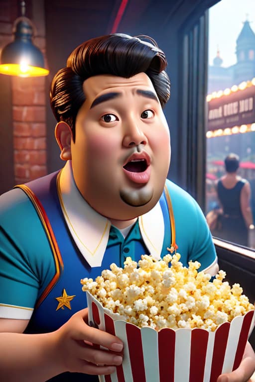  Fat person eating popcorn, they are a mixed ethnicity with brown hair hyperrealistic, full body, detailed clothing, highly detailed, cinematic lighting, stunningly beautiful, intricate, sharp focus, f/1. 8, 85mm, (centered image composition), (professionally color graded), ((bright soft diffused light)), volumetric fog, trending on instagram, trending on tumblr, HDR 4K, 8K