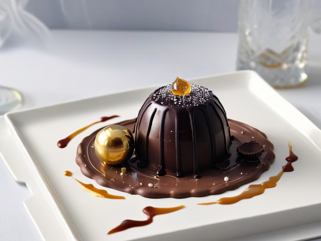  A highresolution image of a elegant dark chocolate truffle placed delicately on a sophisticated crystal plate, drizzled with a rich, goldenhued liquor, set against a minimalist, white background. The truffle glistens under a soft spotlight, showcasing its smooth, glossy surface and intricate swirls of chocolate, while the liquor creates a mesmerizing ripple effect as it cascades over the truffle. The overall composition exudes luxury and sophistication, perfectly complementing the theme of the article. hyperrealistic, full body, detailed clothing, highly detailed, cinematic lighting, stunningly beautiful, intricate, sharp focus, f/1. 8, 85mm, (centered image composition), (professionally color graded), ((bright soft diffused light)), volumetric fog, trending on instagram, trending on tumblr, HDR 4K, 8K