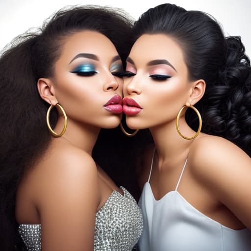  Two beautiful women kissing, large,, hair, glistening, hoop earrings, makeup, high heels,