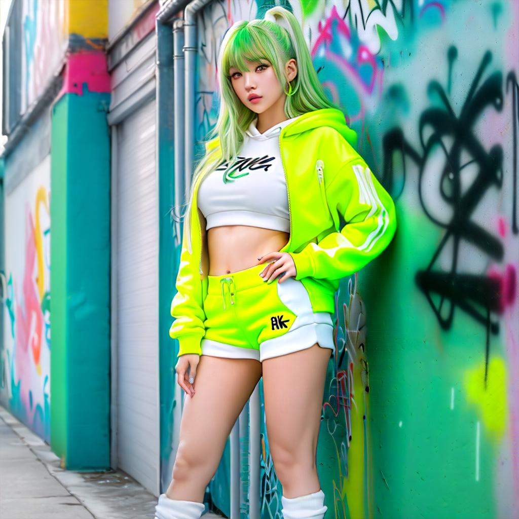  masterpiece, best quality, (detailed, masterpiece, 8k, 8k wallpaper), woman, posing, hoodie, sneakers, thigh highs, ((wordless clothes)), pink BREAK cyber city, korea idol face, beauty face, gym , shiny skin, huge , huge , perfect body, cyberpunk, street, graffiti on walls, neon lights, signs BREAK dark makeup, dark eyes, dark hair, fringe, bangs, (green, white, yellow:1.2), (graffiti wall:1.2), (very wide shot:1.2)