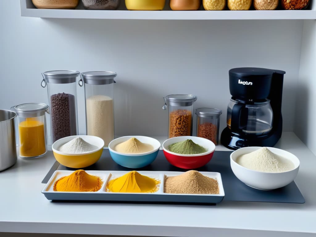  An image of a sleek, minimalist kitchen counter with baking ingredients neatly organized in accessible containers, a tactile measuring cup set designed for visually impaired individuals, and a set of ergonomic mixing bowls with nonslip bases. The image showcases inclusivity and safety in baking, catering specifically to individuals with disabilities. hyperrealistic, full body, detailed clothing, highly detailed, cinematic lighting, stunningly beautiful, intricate, sharp focus, f/1. 8, 85mm, (centered image composition), (professionally color graded), ((bright soft diffused light)), volumetric fog, trending on instagram, trending on tumblr, HDR 4K, 8K