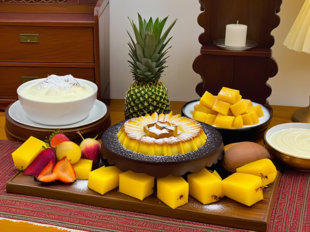  An ultradetailed image of a beautifully set table adorned with an array of traditional homemade African desserts, showcasing vibrant colors and intricate designs. The desserts include a rich and moist Malva pudding drizzled with decadent custard, golden and crispy Mandazi dusted with powdered sugar, and a platter of colorful Koeksisters glistening with syrup. Surrounding the desserts are fresh fruits like mangoes and pineapples, adding a pop of freshness to the scene. The table is elegantly decorated with Africaninspired patterns and textures, exuding warmth and hospitality. hyperrealistic, full body, detailed clothing, highly detailed, cinematic lighting, stunningly beautiful, intricate, sharp focus, f/1. 8, 85mm, (centered image composition), (professionally color graded), ((bright soft diffused light)), volumetric fog, trending on instagram, trending on tumblr, HDR 4K, 8K