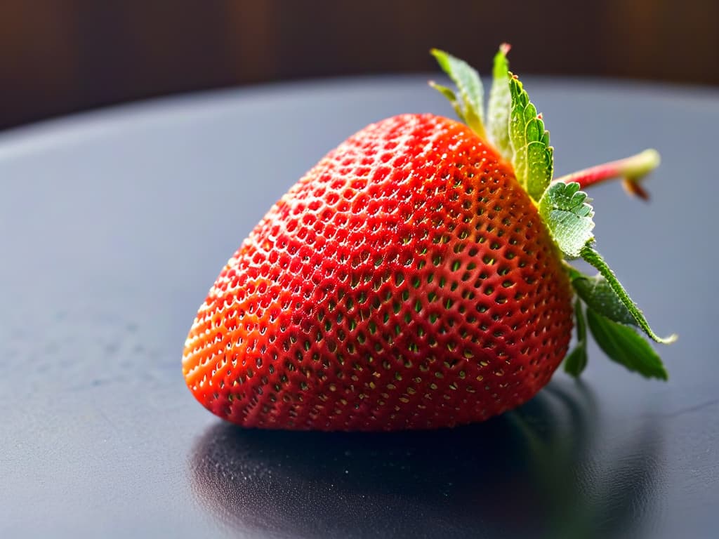  A closeup, ultradetailed image of a perfectly ripe organic strawberry, glistening with dew drops under soft natural lighting. The vibrant red hue of the strawberry is intensified, showcasing tiny seeds and delicate green leaves in exquisite detail. The minimalistic composition focuses on the fruit's natural beauty, evoking a sense of freshness and organic purity, ideal for complementing the article on natural sweeteners for vegan desserts. hyperrealistic, full body, detailed clothing, highly detailed, cinematic lighting, stunningly beautiful, intricate, sharp focus, f/1. 8, 85mm, (centered image composition), (professionally color graded), ((bright soft diffused light)), volumetric fog, trending on instagram, trending on tumblr, HDR 4K, 8K