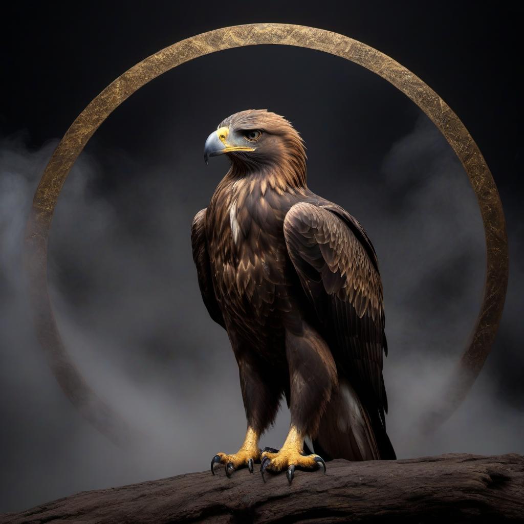  In a multimedia representation, a golden eagle in a circle on a black background, SMALLER IN A CIRCLE. hyperrealistic, full body, detailed clothing, highly detailed, cinematic lighting, stunningly beautiful, intricate, sharp focus, f/1. 8, 85mm, (centered image composition), (professionally color graded), ((bright soft diffused light)), volumetric fog, trending on instagram, trending on tumblr, HDR 4K, 8K