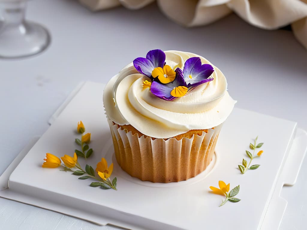  A closeup, ultradetailed image of a perfectly frosted cupcake topped with delicate edible flowers, set on a sleek, modern white plate. The frosting is swirled elegantly, with each petal of the flowers glistening in the light. The background is softly blurred, emphasizing the intricate details of the cupcake and creating a minimalistic yet sophisticated visual appeal. hyperrealistic, full body, detailed clothing, highly detailed, cinematic lighting, stunningly beautiful, intricate, sharp focus, f/1. 8, 85mm, (centered image composition), (professionally color graded), ((bright soft diffused light)), volumetric fog, trending on instagram, trending on tumblr, HDR 4K, 8K