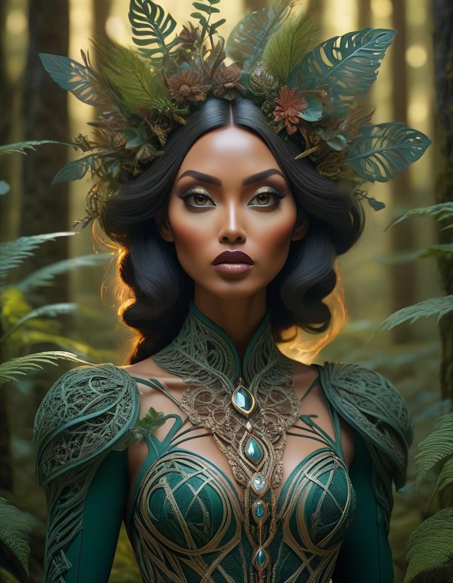  surrealist art A stunning digital painting of a mysterious forest woman with intricate details, geometric patterns, and surreal elements. The artwork is highly detailed, photorealistic, and beautifully balanced, showcasing a masterful blend of fantasy and realism. . dreamlike, mysterious, provocative, symbolic, intricate, detailed hyperrealistic, full body, detailed clothing, highly detailed, cinematic lighting, stunningly beautiful, intricate, sharp focus, f/1. 8, 85mm, (centered image composition), (professionally color graded), ((bright soft diffused light)), volumetric fog, trending on instagram, trending on tumblr, HDR 4K, 8K