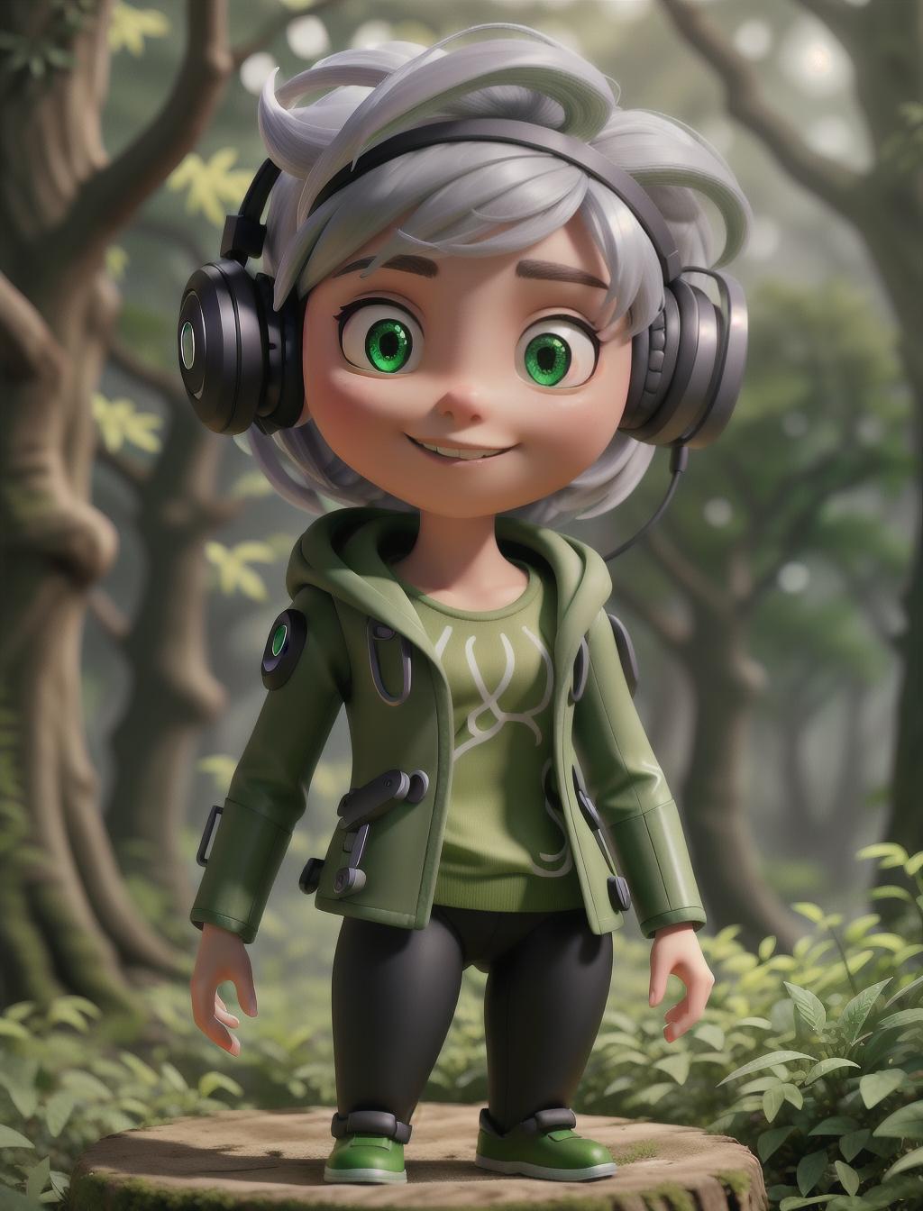  a cute cyborg with silver hair standing in a green forest, Dynamic Background, Vint Color, wearing a headset, enjoying music,  hyperrealistic, full body, detailed clothing, highly detailed, cinematic lighting, stunningly beautiful, intricate, sharp focus, f/1. 8, 85mm, (centered image composition), (professionally color graded), ((bright soft diffused light)), volumetric fog, trending on instagram, trending on tumblr, HDR 4K, 8K