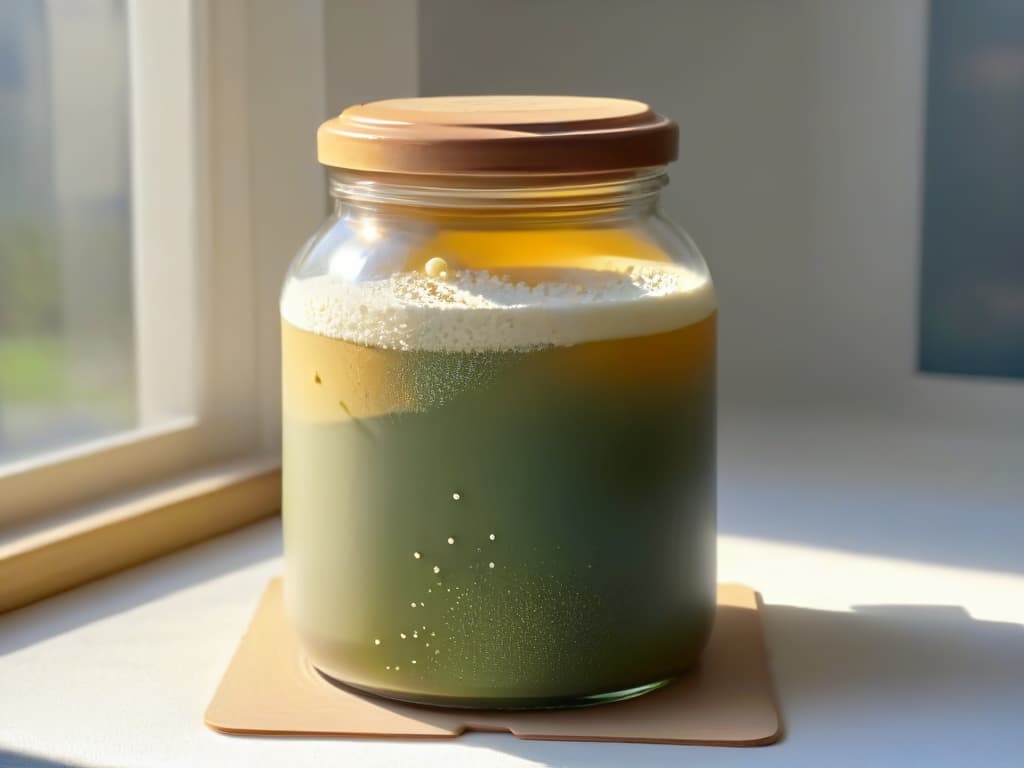  An ultradetailed image of a small, clear glass jar filled with a bubbling mixture of natural yeast starter, surrounded by soft, warm light filtering through a nearby window. The surface below the jar showcases scattered specks of flour and tiny droplets of water, hinting at the process of creating a sourdough starter. The intricate patterns of bubbles trapped within the mixture create a mesmerizing display, symbolizing the active fermentation process essential for sustainable baking practices. hyperrealistic, full body, detailed clothing, highly detailed, cinematic lighting, stunningly beautiful, intricate, sharp focus, f/1. 8, 85mm, (centered image composition), (professionally color graded), ((bright soft diffused light)), volumetric fog, trending on instagram, trending on tumblr, HDR 4K, 8K