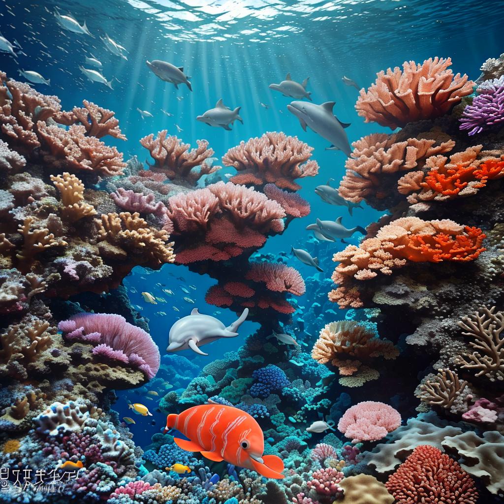  masterpiece, best quality, Most Beautiful in deep sea teeming with vibrant corals, diverse marine life, and enchanting underwater landscapes, full of corals, acrophore, small fishes, anemones, dolphin, various algaes, caves, colorful,all captured in stunning 8k resolution with intricate details.