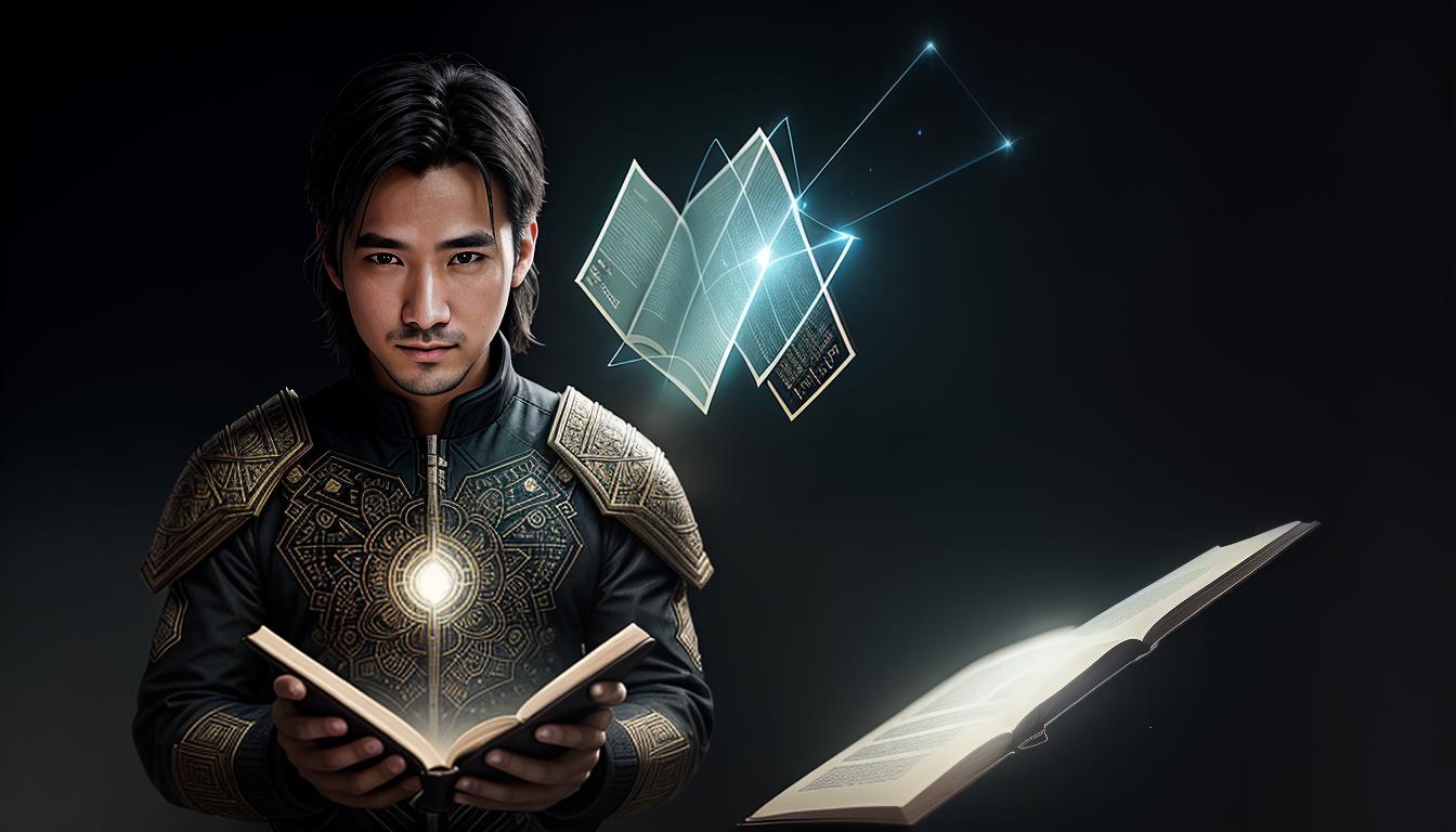  cinematic, aesthetic, Person with an open book, half strategic guide, half novel, blending intelligence and intuition, scholarly atmosphere, hint of wisdom, intricate design, intellectual environment, 4k, HDR, lens flare