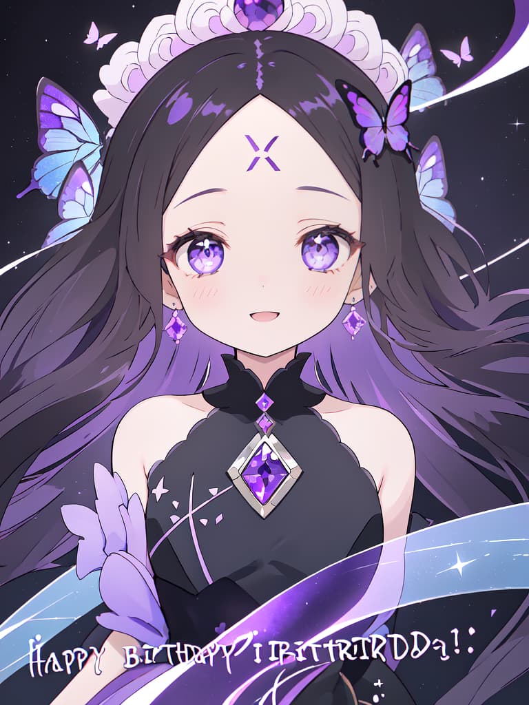  (((HAPPY BIRTHDAYのサイン))),purple butterfly effect,Masterpiece,one woman,(((forehead)))1.5,((( hair style center parted longhair)))1.5,shiny black hair,delicate hair color,purple amethyst eyes,beautiful face,happy Smile! glamorous body,high quality,8K, masterpiece, best quality,8k,ultra detailed,high resolution,an extremely delicate and beautiful,hyper detail