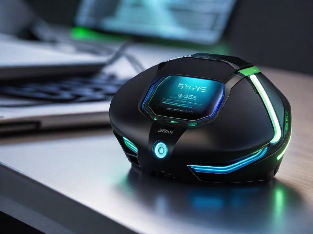  A close-up photo of a sleek, black AI device sitting on a desk, with futuristic blue and green lights glowing on its surface, symbolizing cutting-edge technology and security for intelligence agencies. digital art, ilustration, no flares, clean hyperrealistic, full body, detailed clothing, highly detailed, cinematic lighting, stunningly beautiful, intricate, sharp focus, f/1. 8, 85mm, (centered image composition), (professionally color graded), ((bright soft diffused light)), volumetric fog, trending on instagram, trending on tumblr, HDR 4K, 8K