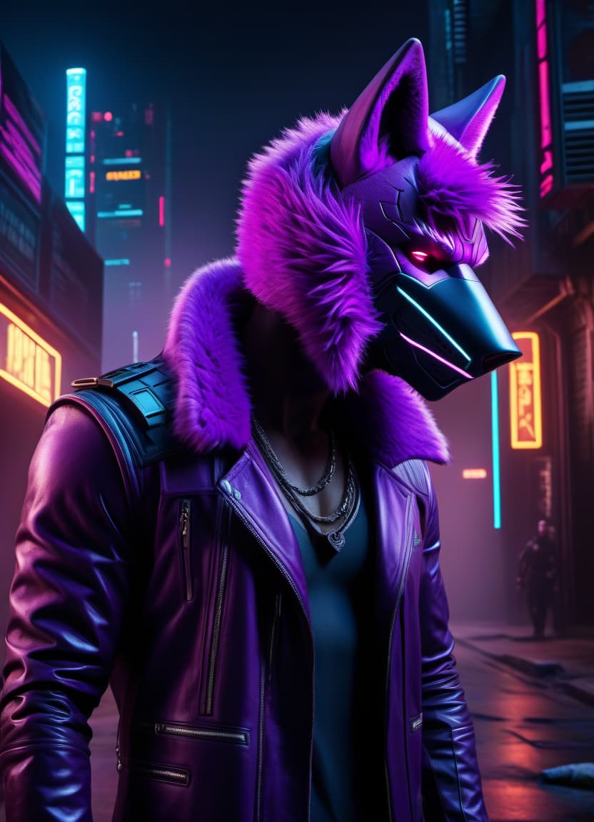  cyberpunk game style A man in a wolf mask, with violet fur, a synthesizer in hand, plays notes in the air, with a hood, a dark street, neon, cyberpunk, more futurism, more humanity, 4K, 2K, FHD. . neon, dystopian, futuristic, digital, vibrant, detailed, high contrast, reminiscent of cyberpunk genre video games hyperrealistic, full body, detailed clothing, highly detailed, cinematic lighting, stunningly beautiful, intricate, sharp focus, f/1. 8, 85mm, (centered image composition), (professionally color graded), ((bright soft diffused light)), volumetric fog, trending on instagram, trending on tumblr, HDR 4K, 8K