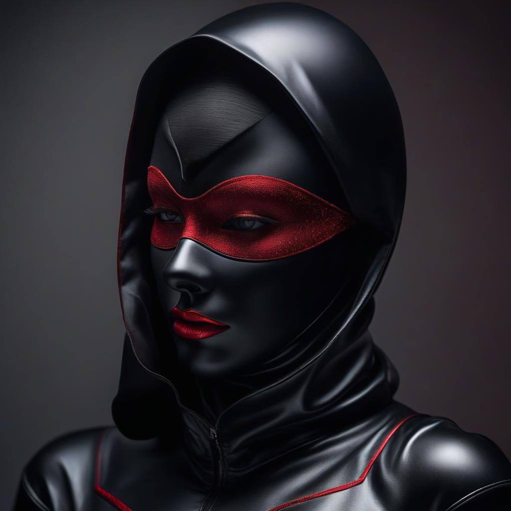  A in a black, shiny mask covering her head down to her neck. Her drawn on eyes and red, puffy lips are visible. hyperrealistic, full body, detailed clothing, highly detailed, cinematic lighting, stunningly beautiful, intricate, sharp focus, f/1. 8, 85mm, (centered image composition), (professionally color graded), ((bright soft diffused light)), volumetric fog, trending on instagram, trending on tumblr, HDR 4K, 8K