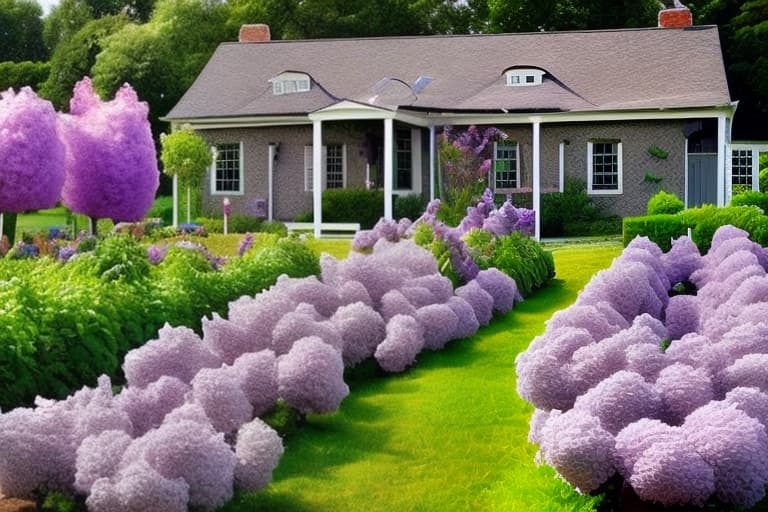 wa-vy style A farmhouse with a lilac growing over it and a cherry orchard and a raised vegetable garden bed