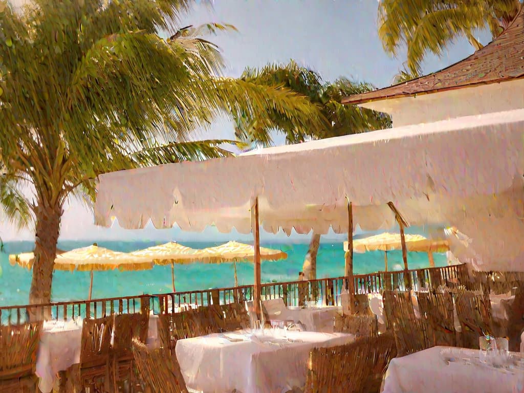  Elegant beachfront restaurant, viewed from the front with a large balcony on the left and a terrace with a sun umbrella on top. Captured in Editorial Photo style, with a 35mm lens for a natural perspective and high resolution. (4k, best quality, masterpiece:1.2), ultrahigh res, highly detailed, sharp focus