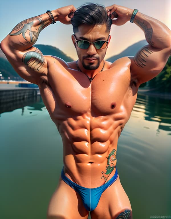  tattooed  bodybuilders with yellow glasses swimming in a river，gay，Asian，Asiatic，Asian，Asian， portrait, happy colors, bright eyes, clear eyes, warm smile, smooth soft skin，symmetrical, anime wide eyes，big bulge， huge pectorales, naked whole body <lora:360-skybox-environment:1> hyperrealistic, full body, detailed clothing, highly detailed, cinematic lighting, stunningly beautiful, intricate, sharp focus, f/1. 8, 85mm, (centered image composition), (professionally color graded), ((bright soft diffused light)), volumetric fog, trending on instagram, trending on tumblr, HDR 4K, 8K