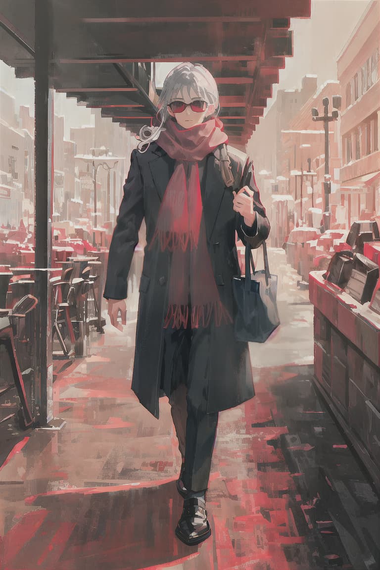  master piece , best quality,Gray hair, male, red scarf, long black coat, adventurer