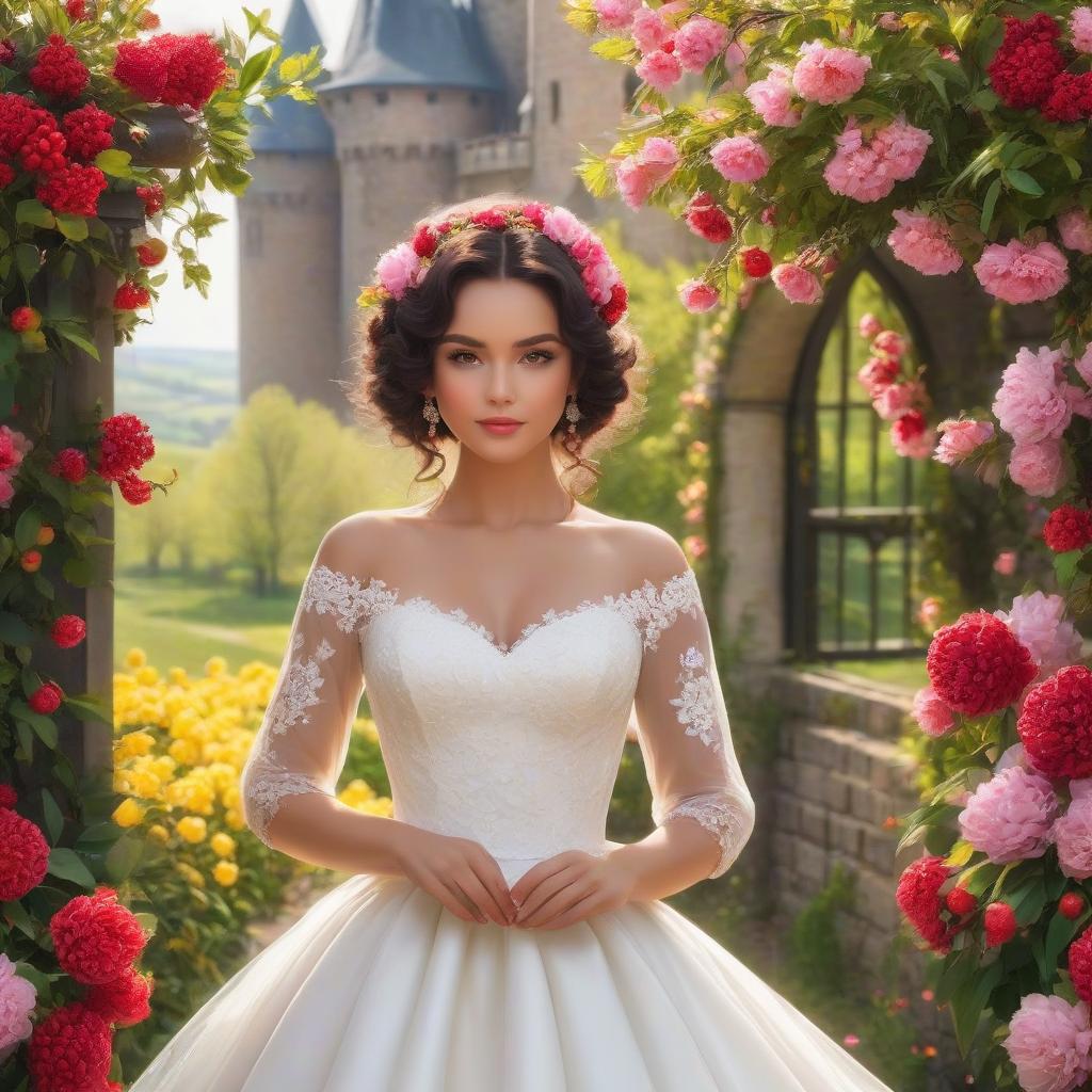  A masterpiece. Very beautiful girl with black curls gathered upwards. Beautiful hairstyle. White wedding fitted dress with lace. Elegance. Very beautiful dress. Brown eyes. Happy look. No pomp, just elegance. (Sparkling rim)): spring field, hyacinths, roses, rosehips, rose hips, peonies, cherry tree, yellow, red. Castle. Realism, rococo, surrealist abstraction. Alfonso Mucha, Honoré Fargonard. The Emerald Palace, the towers. Holobue sky. Golden spires, Gothic style. Fantasy, fairy tale. Poppy field in front of palace. Honoré Fargonard, Alfonso Mucha. Emerald stones, Green Alley. hyperrealistic, full body, detailed clothing, highly detailed, cinematic lighting, stunningly beautiful, intricate, sharp focus, f/1. 8, 85mm, (centered image composition), (professionally color graded), ((bright soft diffused light)), volumetric fog, trending on instagram, trending on tumblr, HDR 4K, 8K