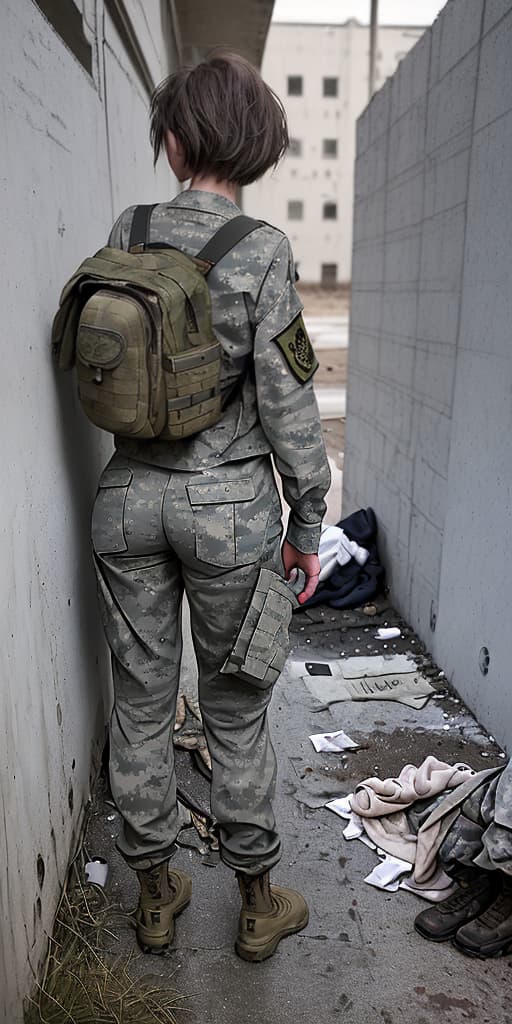  homeless-girl, takes off her military pants, dirty, boy's haircut, around the corner, in an abandoned place, with her back. just show these results!