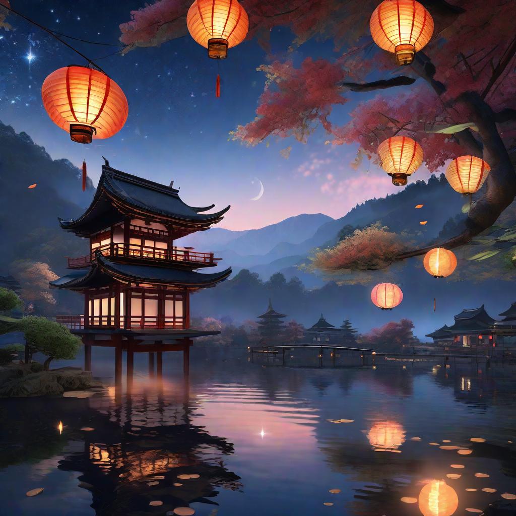  masterpiece, best quality, (Fidelity: 1.4), Best Quality, Masterpiece, Ultra High Resolution, 8k resolution, A night view inspired by Japanese art, featuring a garden illuminated by paper lanterns and a wooden bridge spanning a tranquil lake, by the lakeside, there is a small Zen temple. The water reflects the starry sky.