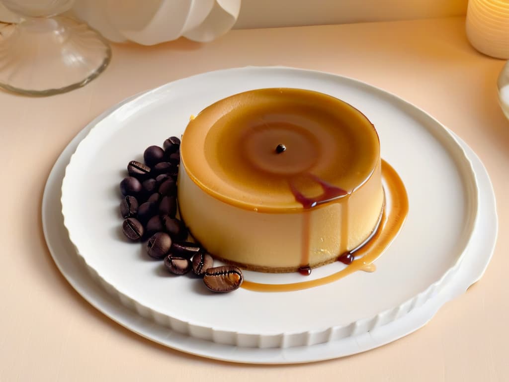  A minimalist and elegant image of a perfectly plated slice of decaffeinated coffee flan, drizzled with a delicate caramel sauce and garnished with a single coffee bean on top. The flan sits on a modern white ceramic plate, set against a soft pastel backdrop to enhance the simplicity and sophistication of the dessert. The lighting is soft, casting a gentle shadow beneath the flan, highlighting its smooth texture and inviting presentation. hyperrealistic, full body, detailed clothing, highly detailed, cinematic lighting, stunningly beautiful, intricate, sharp focus, f/1. 8, 85mm, (centered image composition), (professionally color graded), ((bright soft diffused light)), volumetric fog, trending on instagram, trending on tumblr, HDR 4K, 8K