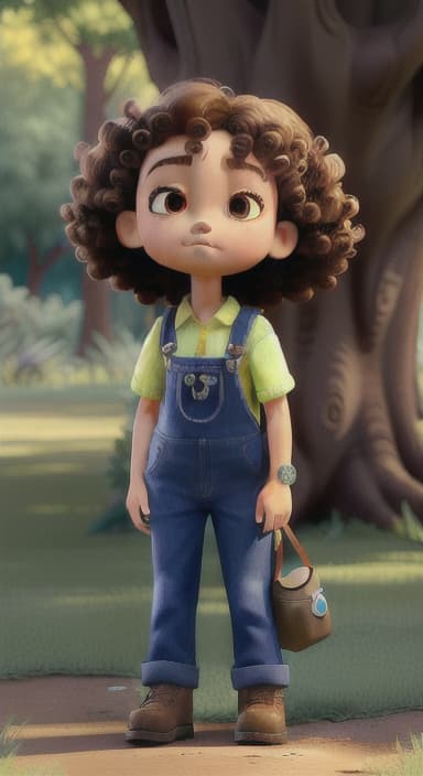  {Riley standing under the tree with eyes closed, making the wish., Riley, a curious with big brown eyes and curly hair, wearing overalls and carrying a small backpack. Their friend, Skye, a bluebird with shiny feathers.