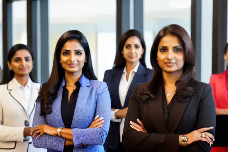  beautiful happy Indian women in modern office looking on front, realistic, professional shot, sharp focus,4K, insanely detailed, intricate, elegant, intricate office background