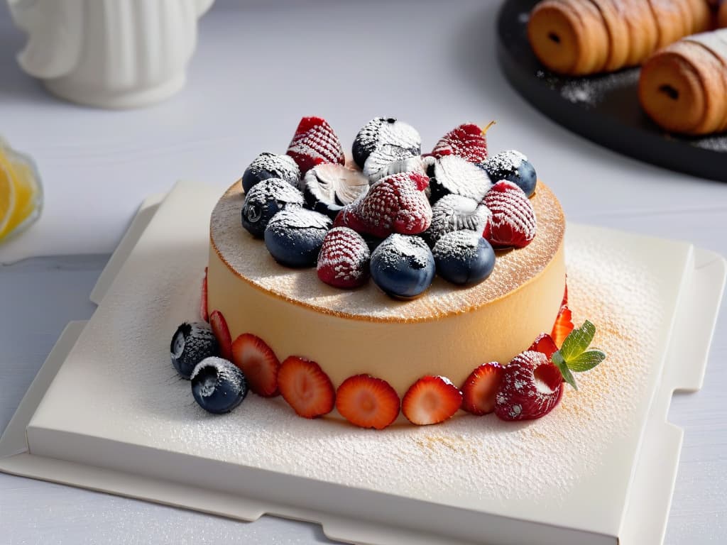  A closeup, ultradetailed image of a delicate, perfectly crafted pastry topped with glossy berries and a dusting of powdered sugar, resting on a sleek, modern white plate. The vibrant colors of the berries pop against the soft, goldenbrown hues of the pastry, showcasing the artistry and skill involved in the world of bakery and pastry certification. hyperrealistic, full body, detailed clothing, highly detailed, cinematic lighting, stunningly beautiful, intricate, sharp focus, f/1. 8, 85mm, (centered image composition), (professionally color graded), ((bright soft diffused light)), volumetric fog, trending on instagram, trending on tumblr, HDR 4K, 8K