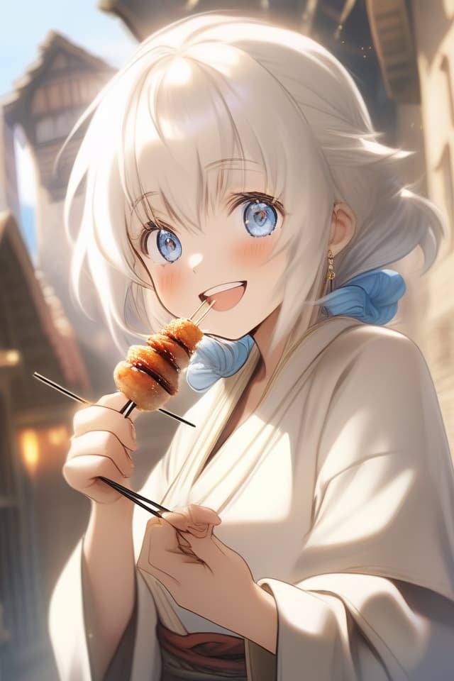  Masterpiece,one woman,old style,in lightbrown robe,フード付,natural light,sunlight,delicate white hair color,glowing hair color,delicate blue eye color,eyes filled with light,happy smile,holding one meat skewer,eating meat,looking happy,blissful,close up of face,in medieval city,super high quality,8K