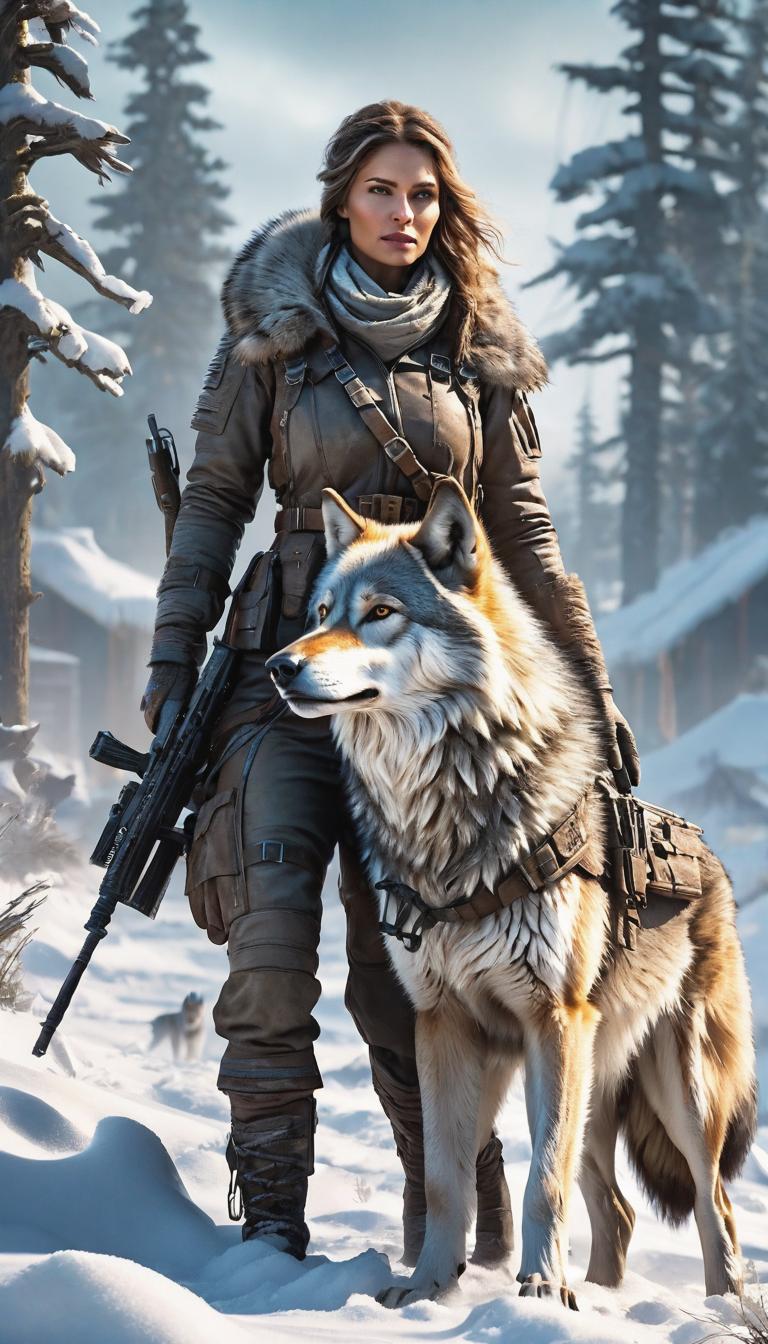  Post apocalyptic style depiction of A majestic Wolf takeing care of her baby wolf in the snow . Futuristic, technological, survival in the wasteland, desolate cities, and the resilience and survival instincts of humanity theme. hyperrealistic, full body, detailed clothing, highly detailed, cinematic lighting, stunningly beautiful, intricate, sharp focus, f/1. 8, 85mm, (centered image composition), (professionally color graded), ((bright soft diffused light)), volumetric fog, trending on instagram, trending on tumblr, HDR 4K, 8K