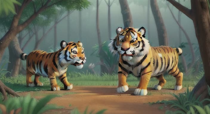  {The tiger and the deer are running through the jungle, enjoying each other's company., The tiger and the deer have big smiles on their faces, filled with joy and friendship.