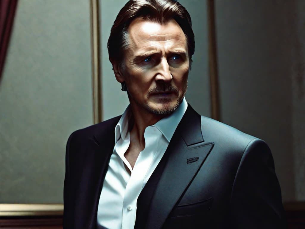  Liam Neeson stands confidently in a dimly lit room, his face partially obscured by shadow. He wears a tailored suit, hinting at sophistication with a touch of mystery. His intense gaze suggests a secret mission, fueling speculation about his enigmatic new role.digital art, ilustration hyperrealistic, full body, detailed clothing, highly detailed, cinematic lighting, stunningly beautiful, intricate, sharp focus, f/1. 8, 85mm, (centered image composition), (professionally color graded), ((bright soft diffused light)), volumetric fog, trending on instagram, trending on tumblr, HDR 4K, 8K