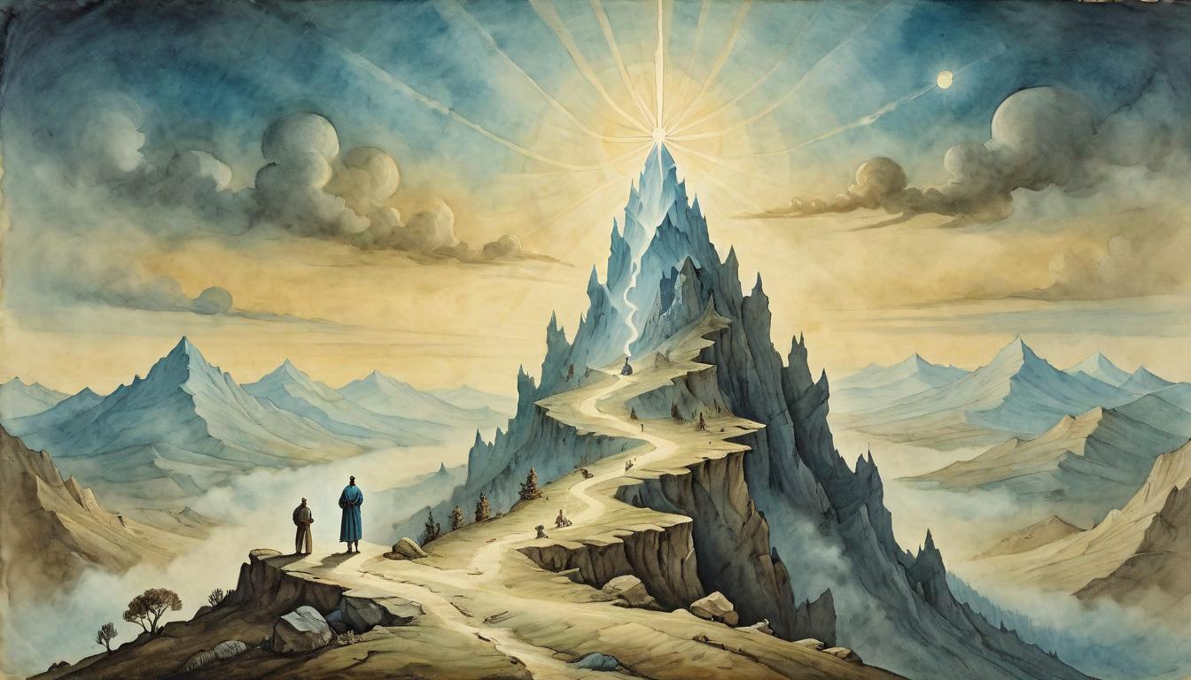  on parchment, surrealism+++, An illuminated figure casting insights from a mountaintop, beams of light reaching a distant horizon, enlightening, generous(mysterious, provocative, symbolic,muted color)+++