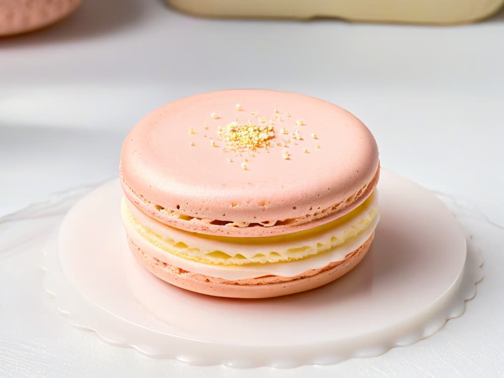  A closeup, ultradetailed image of a perfectly baked, pastel pink French macaron with a smooth, glossy surface, delicate feet, and a light dusting of edible gold flakes on top. The macaron is placed on a pristine white marble countertop, with soft natural light filtering in to create elegant shadows, highlighting the intricate details of the dessert. hyperrealistic, full body, detailed clothing, highly detailed, cinematic lighting, stunningly beautiful, intricate, sharp focus, f/1. 8, 85mm, (centered image composition), (professionally color graded), ((bright soft diffused light)), volumetric fog, trending on instagram, trending on tumblr, HDR 4K, 8K