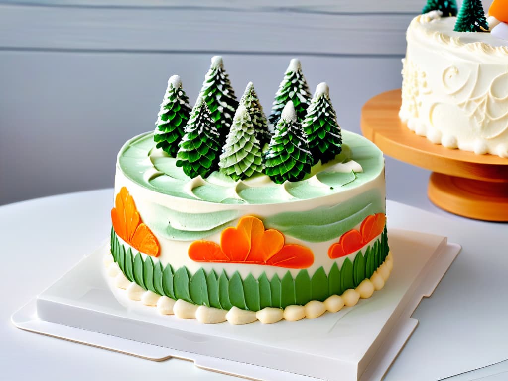  A closeup, ultradetailed image of a freshly baked carrot cake covered in creamy white frosting, decorated with intricate swirls of orange and green icing to resemble a winter scene with snowflakes and pine trees. The cake sits on a sleek, modern white cake stand against a soft, blurred background, emphasizing the delicate details of the frosting artistry. hyperrealistic, full body, detailed clothing, highly detailed, cinematic lighting, stunningly beautiful, intricate, sharp focus, f/1. 8, 85mm, (centered image composition), (professionally color graded), ((bright soft diffused light)), volumetric fog, trending on instagram, trending on tumblr, HDR 4K, 8K