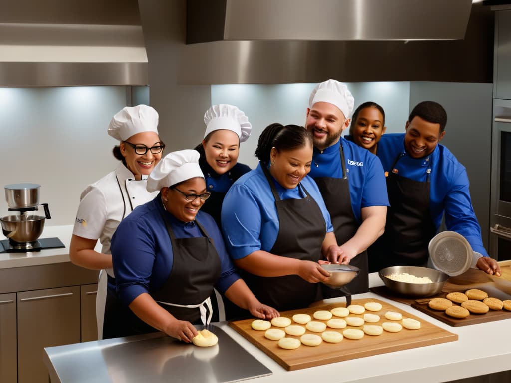  A minimalistic and sleek image of a diverse group of people, including individuals with disabilities, happily using various advanced baking gadgets and mobile apps in a modern kitchen setting. The focus is on the innovative technology seamlessly integrated into the inclusive baking process, symbolizing empowerment and accessibility in the culinary world. hyperrealistic, full body, detailed clothing, highly detailed, cinematic lighting, stunningly beautiful, intricate, sharp focus, f/1. 8, 85mm, (centered image composition), (professionally color graded), ((bright soft diffused light)), volumetric fog, trending on instagram, trending on tumblr, HDR 4K, 8K