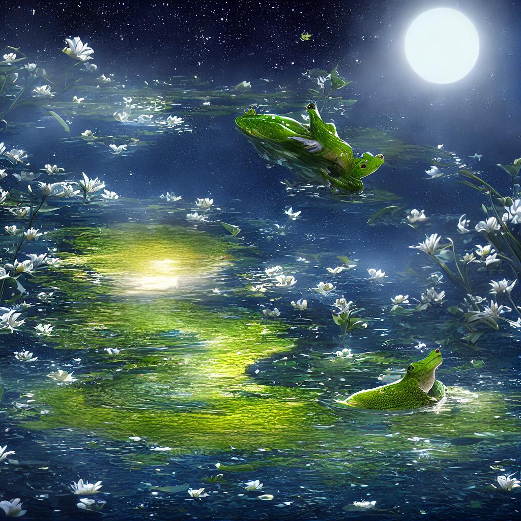  A stunning masterpiece with the best quality, 8k resolution, and high detailed elements. It features a cute frog in a vibrant green color, sitting on a lily pad surrounded by shimmering water, (reflecting the moonlight) and (sparkling stars) in the night sky. hyperrealistic, full body, detailed clothing, highly detailed, cinematic lighting, stunningly beautiful, intricate, sharp focus, f/1. 8, 85mm, (centered image composition), (professionally color graded), ((bright soft diffused light)), volumetric fog, trending on instagram, trending on tumblr, HDR 4K, 8K