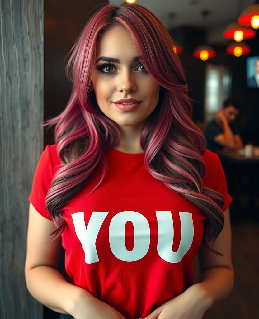  good quality, high quality, a and image of a beautiful 40 russian woman with loose, cascading pink hair, lips and . big female curves. she is wearing a short, tight, ** red t shirt**, which highlights her huge s, and black cotton , which accentuate her curvaceous figure. the shirt, clinging to her body, is and highlights her shapely curves. the phrase " you" is written prominently in bold white letters on the shirt, creating a sense of danger and intrigue.