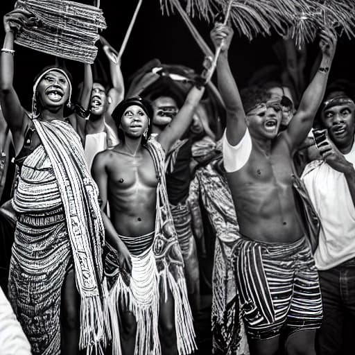  Young Malagasy people are celebrating together. Everyone is holding a sign that reads "Ambodi manga partying hyperrealistic, full body, detailed clothing, highly detailed, cinematic lighting, stunningly beautiful, intricate, sharp focus, f/1. 8, 85mm, (centered image composition), (professionally color graded), ((bright soft diffused light)), volumetric fog, trending on instagram, trending on tumblr, HDR 4K, 8K