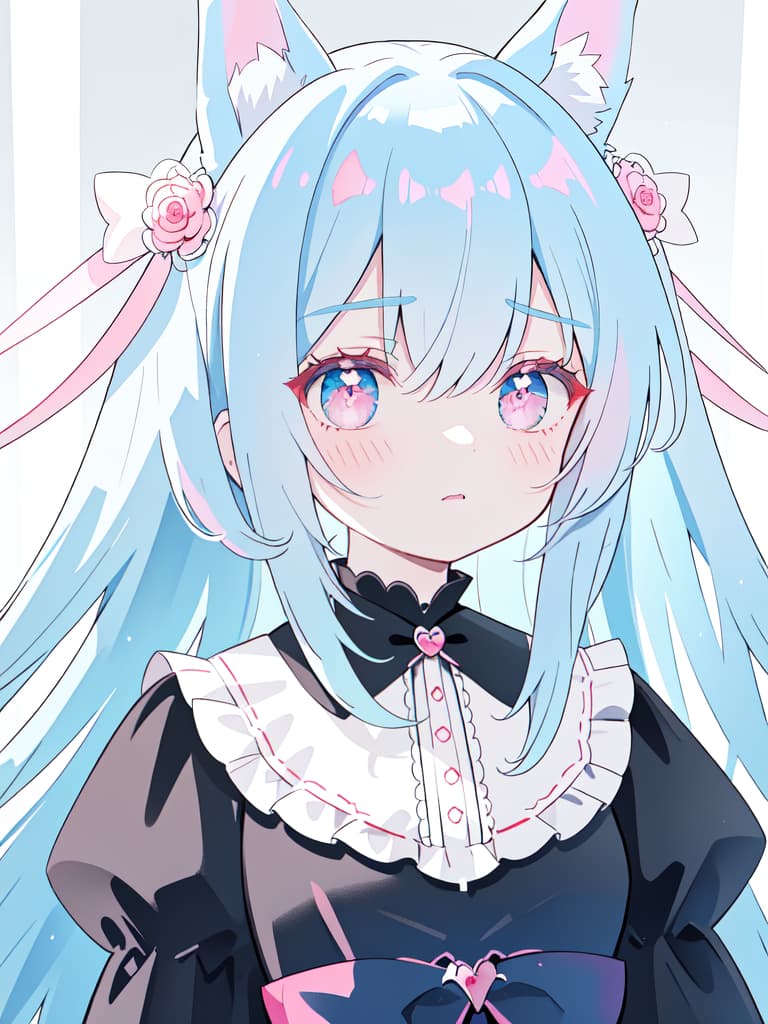  Horse ears, no human ears, light blue hair, ,left eye red, right eye pink, Gothic Lolita, masterpiece, best quality,8k,ultra detailed,high resolution,an extremely delicate and beautiful,hyper detail