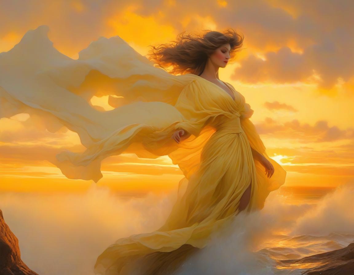  A painting of a woman in a flowing yellow dress reclining on rocks with a sunset over a body of water in the background. hyperrealistic, full body, detailed clothing, highly detailed, cinematic lighting, stunningly beautiful, intricate, sharp focus, f/1. 8, 85mm, (centered image composition), (professionally color graded), ((bright soft diffused light)), volumetric fog, trending on instagram, trending on tumblr, HDR 4K, 8K