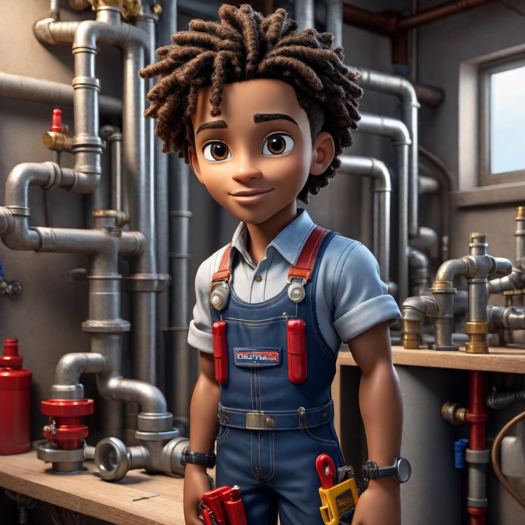  A realistic cartoon image of a 12 , a light-skinned boy of African American descent, portraying to be an expert plumber. He should have features reflecting his heritage, such as light brown skin, dark eyes, and dreadlocks with beads in them. He is wearing work attire and equipment as a uniform, suitable for a plumber. The background should feature elements of his work, such as pipes and plumbing tools. The focus should be on the 12 boy and his attire, maintaining the realistic look of a professional portrait. hyperrealistic, full body, detailed clothing, highly detailed, cinematic lighting, stunningly beautiful, intricate, sharp focus, f/1. 8, 85mm, (centered image composition), (professionally color graded), ((bright soft diffused light)), volumetric fog, trending on instagram, trending on tumblr, HDR 4K, 8K