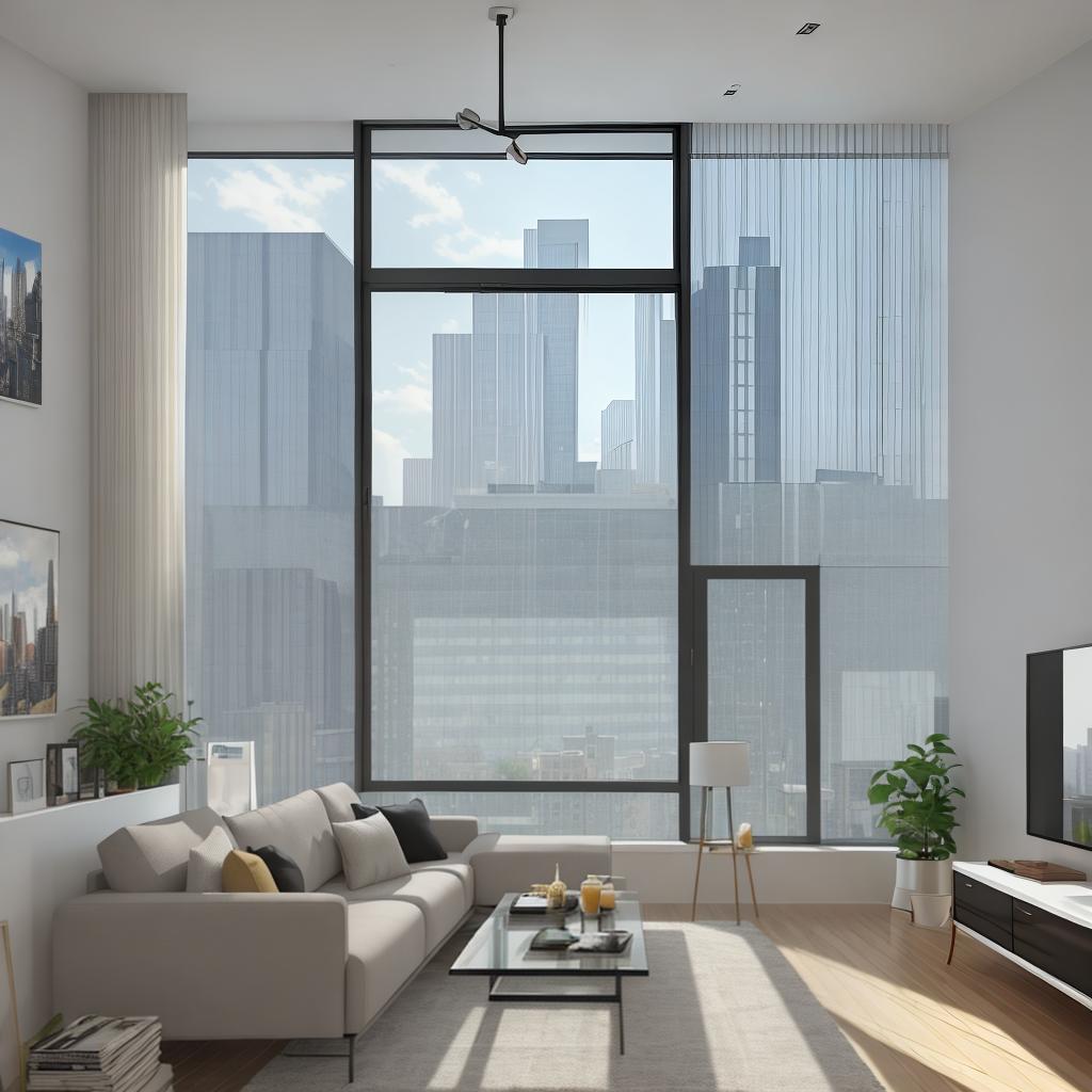  masterpiece, best quality, Best Quality, Masterpiece, 8k resolution,high resolution concept art of an apartment living room with floor to ceiling windows and modern furniture