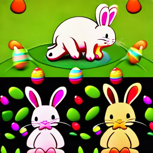  Happy bunny with many Easter eggs on grass festive background for decorative design