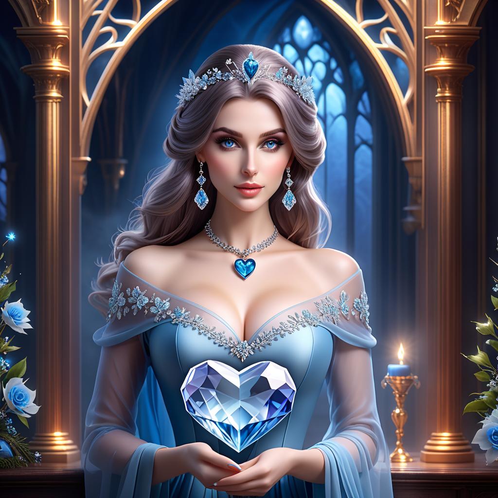  ethereal fantasy concept art of In the foreground in a frame in the form of a fantasy heart. (Inside the frame): there is a crystal vase with snowflake flowers, there is an envelope with a blue sealing wax seal, there is a handbag. (Ladies handbag design):colour silver grey, embroidered with white and blue snowflakes and decorated with a silver decorative chain, and a clasp in the form of two ice flakes. . magnificent, celestial, ethereal, painterly, epic, majestic, magical, fantasy art, cover art, dreamy hyperrealistic, full body, detailed clothing, highly detailed, cinematic lighting, stunningly beautiful, intricate, sharp focus, f/1. 8, 85mm, (centered image composition), (professionally color graded), ((bright soft diffused light)), volumetric fog, trending on instagram, trending on tumblr, HDR 4K, 8K